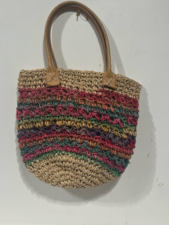 Handbags - Handwoven Macrame Multicolor Straw Boho Tote Bag with Tan Leather Handles